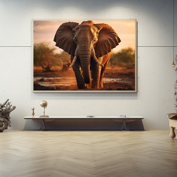 African elephant walking forward at dusk under an apricot sky, ears spread