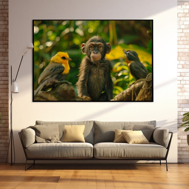 Young chimpanzee between two birds in golden jungle light