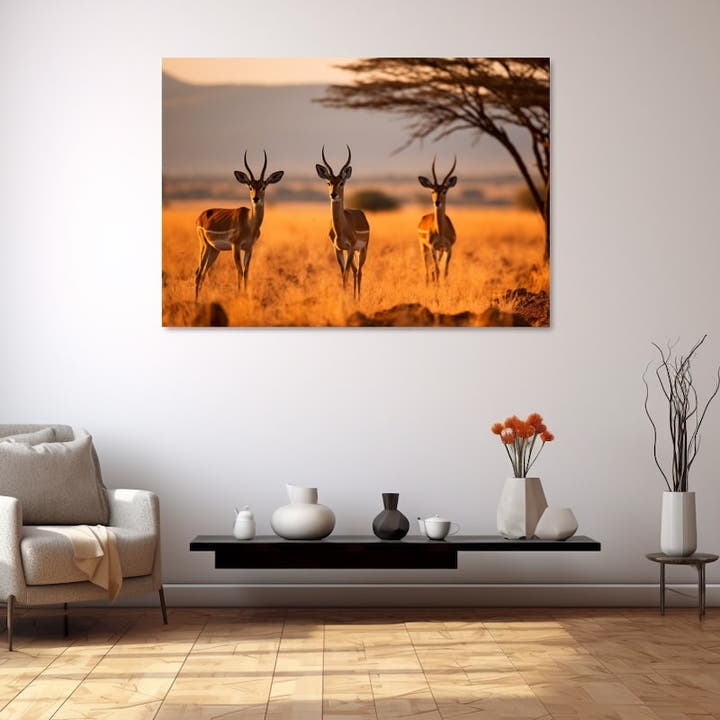 Three impala in golden savanna grass at sunset