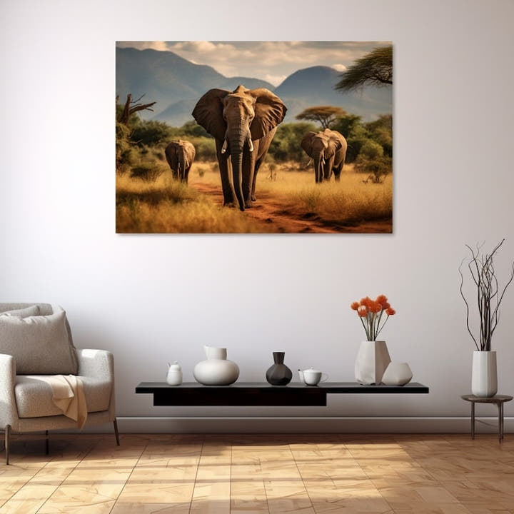 Herd of elephants painting crossing golden African savannah