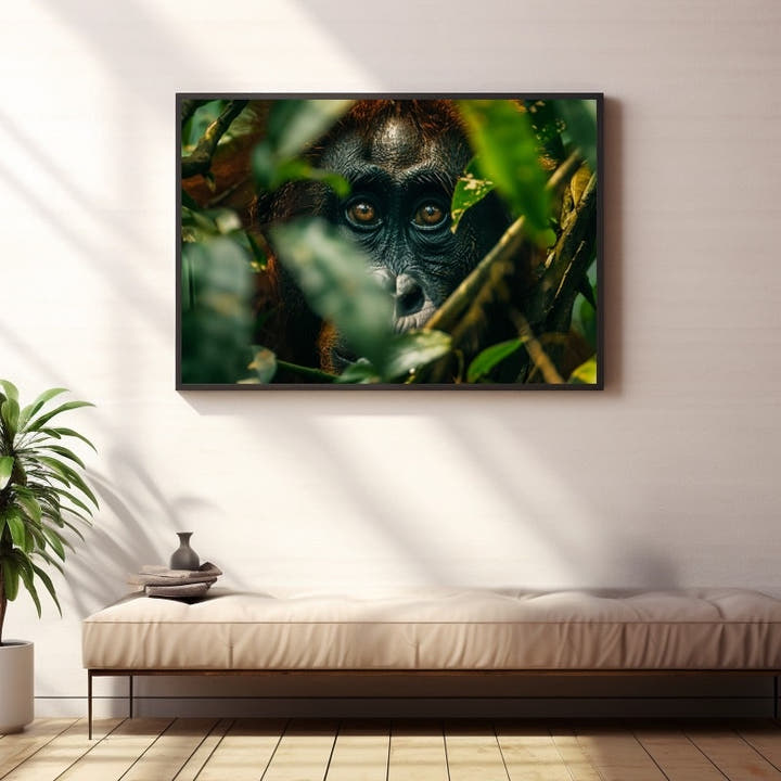 Great ape with amber eyes peering through jungle foliage