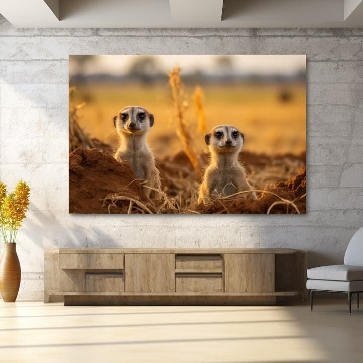 Two meerkats keeping watch at their burrow in golden savannah light