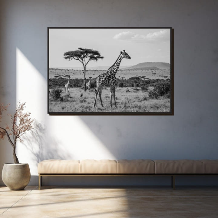 Black and white savannah print of a lone giraffe beneath an acacia tree with a grazing herd