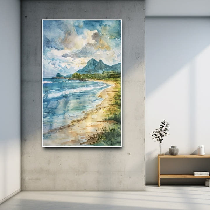 Watercolour painting of a sandy bay with green headland and mountain peaks