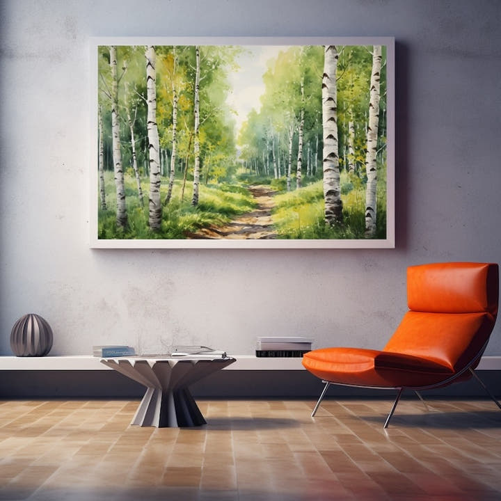Watercolour birch wood with a sunlit path through fresh spring greens