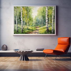 Watercolour birch wood with a sunlit path through fresh spring greens