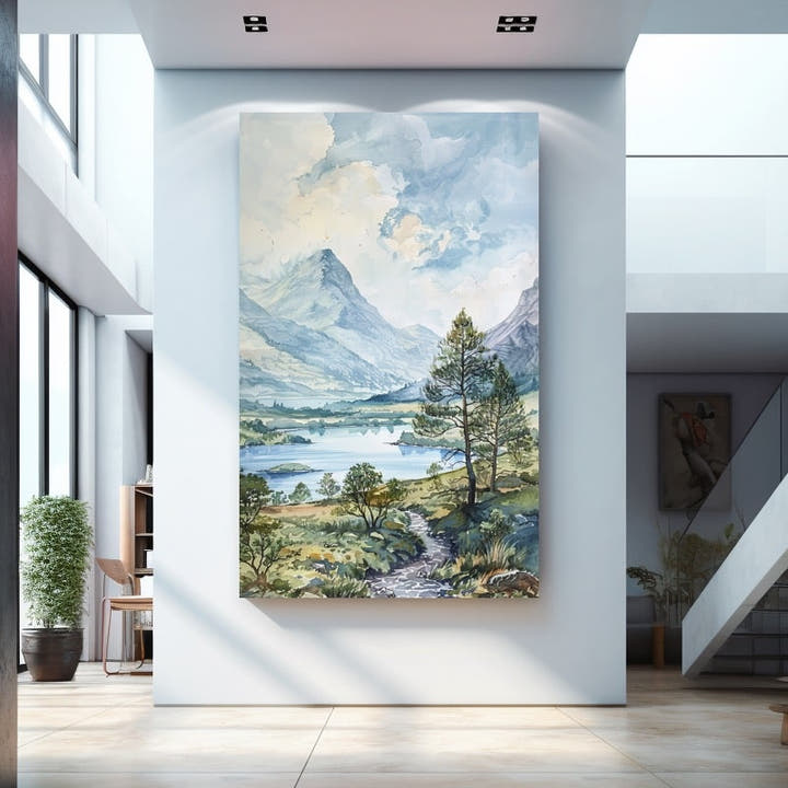 Watercolour painting of misty blue mountains, a lake and a lone pine