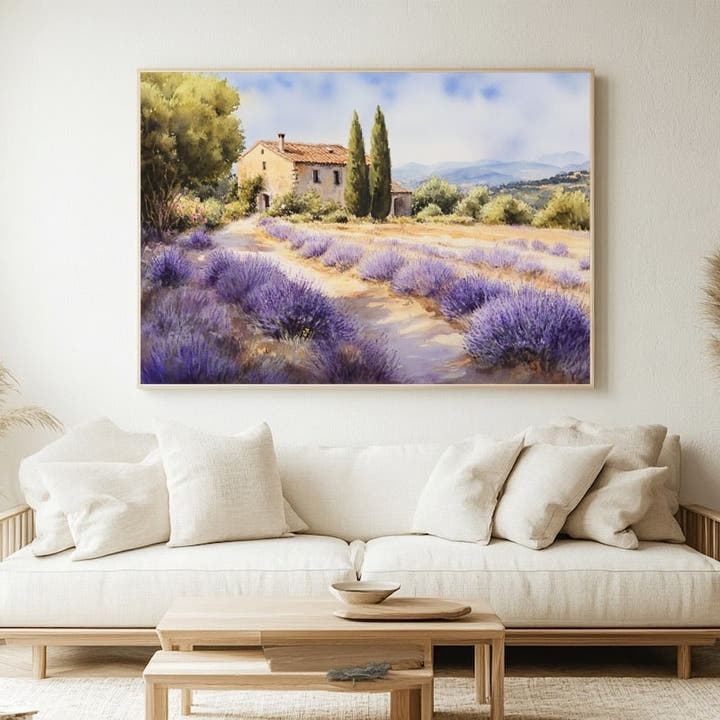 Provence lavender field watercolour painting with a stone farmhouse, cypress and rolling hills