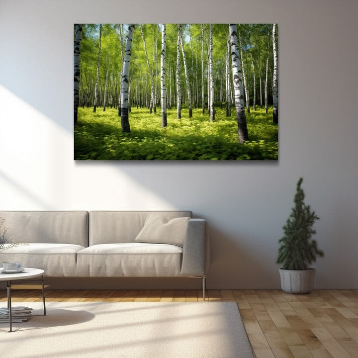 Painting of a sunlit birch grove in fresh spring green