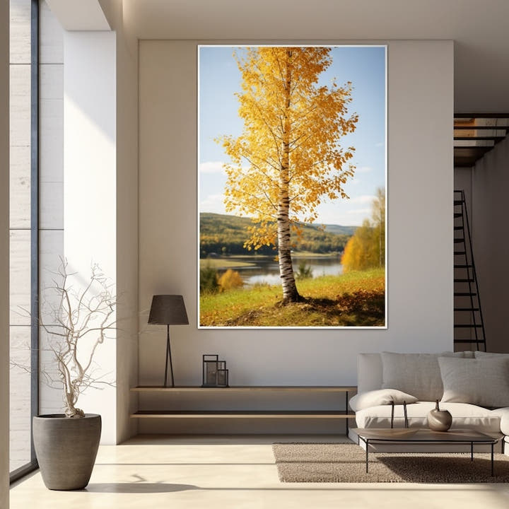 Golden autumn birch tree by a calm lake with wooded hills