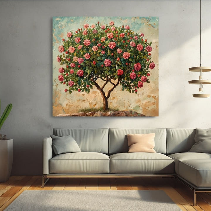 Acrylic painting of a pink rose tree in bloom