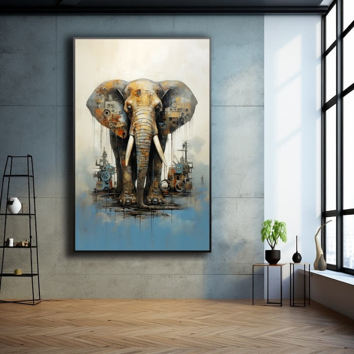 Modern industrial-style elephant made of gears and metal in rust, teal and slate tones
