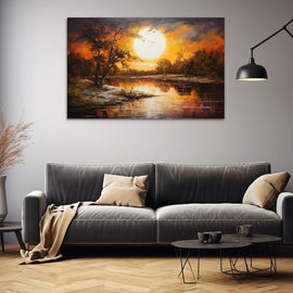 Palette-knife painting of a glowing sunset over a still river in amber and rust tones