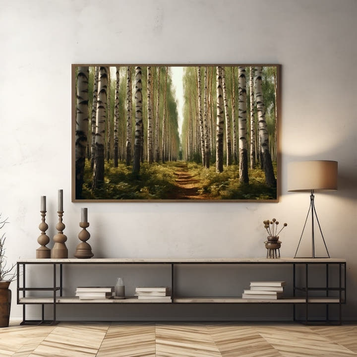 Painting of a path through a birch tree forest
