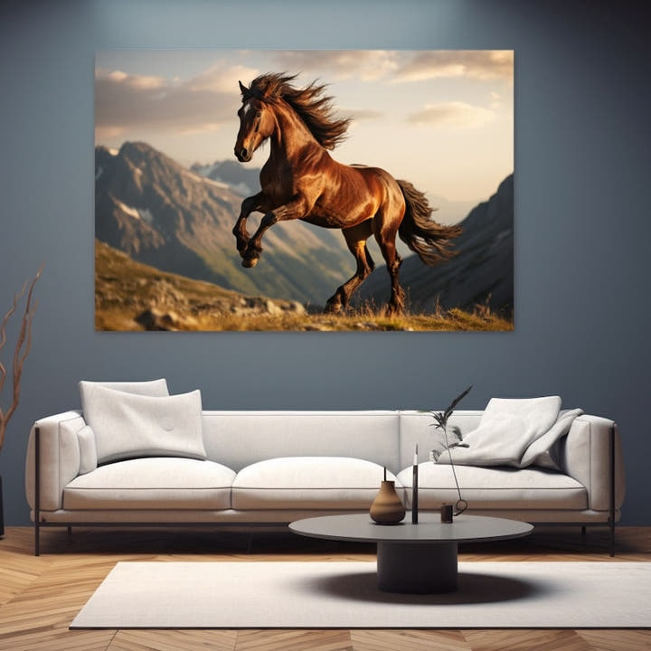 Painting of a chestnut horse rearing on a mountain ridge at sunset