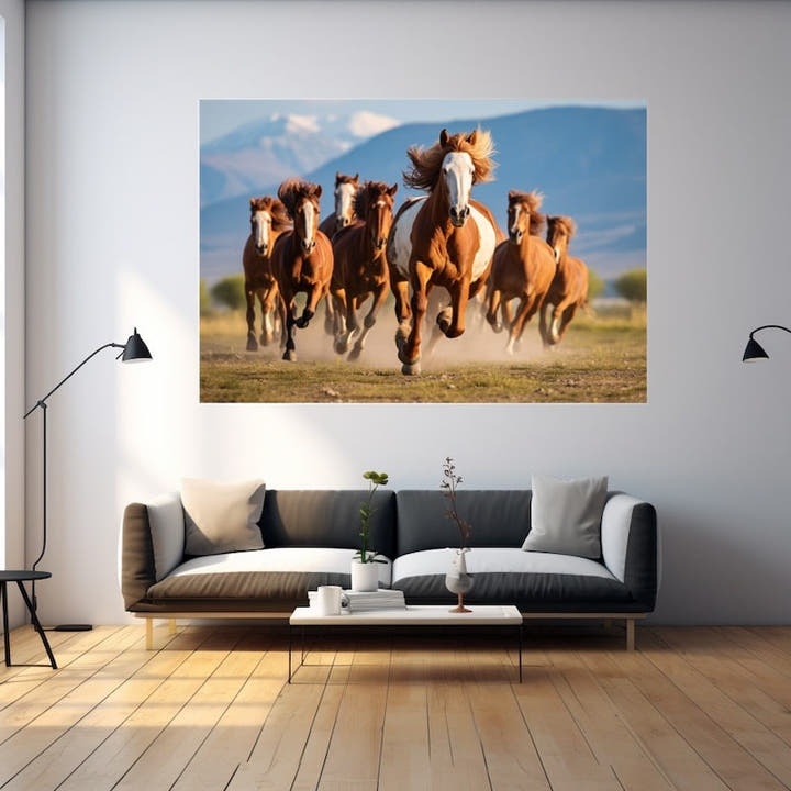 Chestnut horse herd charging head-on across an open plain with snowy mountains