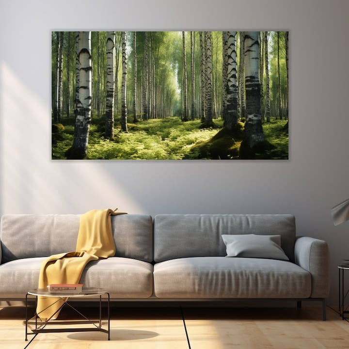 Sunlit birch forest with silver trunks and green ferns