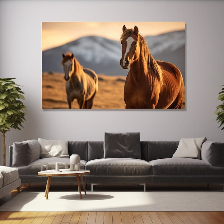 Two chestnut horses on highland ground with a snowy peak at dusk