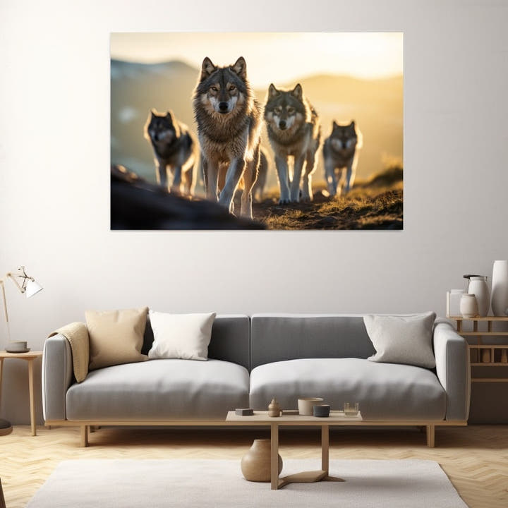 Pack of wolves walking towards the viewer across upland at golden sunset