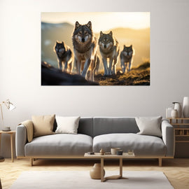 Pack of wolves walking towards the viewer across upland at golden sunset