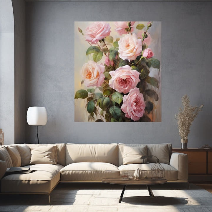 Bouquet of pink garden roses painted in a soft impressionistic style