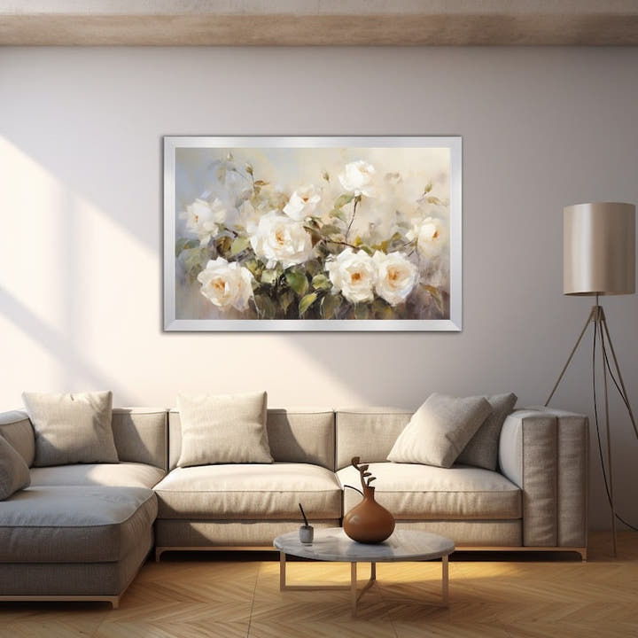 Soft impressionist painting of a white rose bouquet