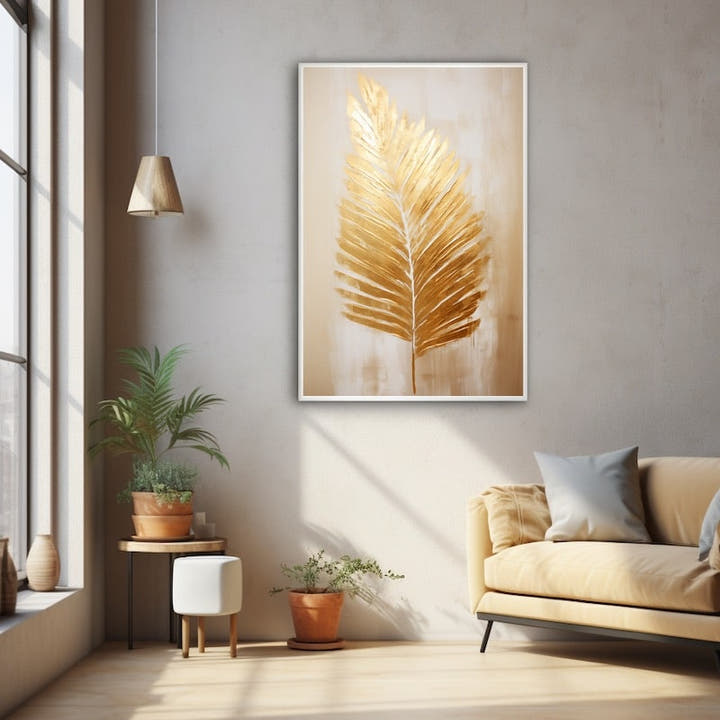 Golden palm frond on a soft cream background