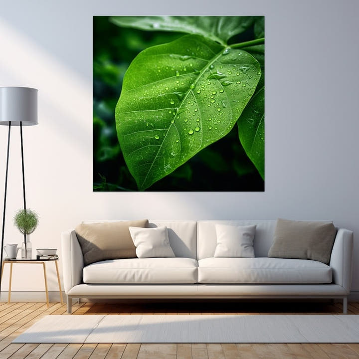 Macro green leaf covered in dew drops against dark foliage