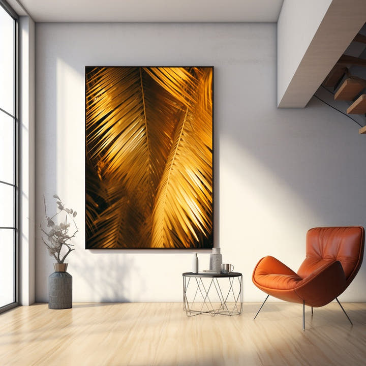 Golden backlit palm fronds glowing in amber and bronze tones