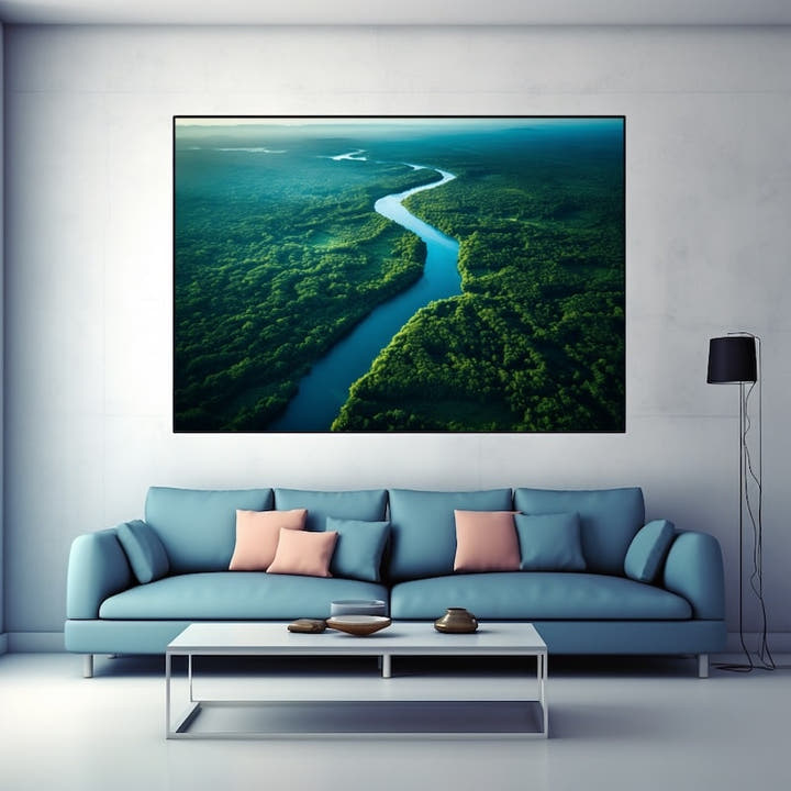 Aerial view of a turquoise river winding through emerald rainforest