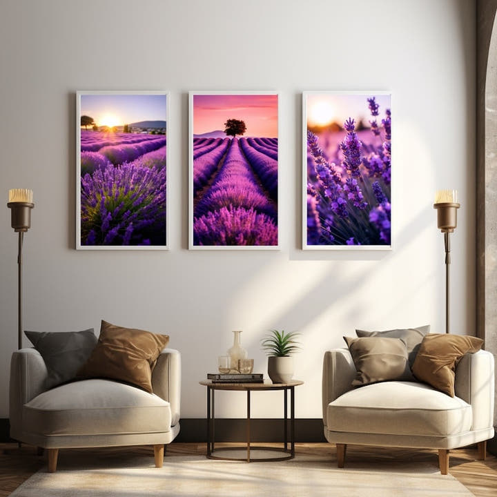 Three-panel lavender field at sunset with lone tree on the horizon