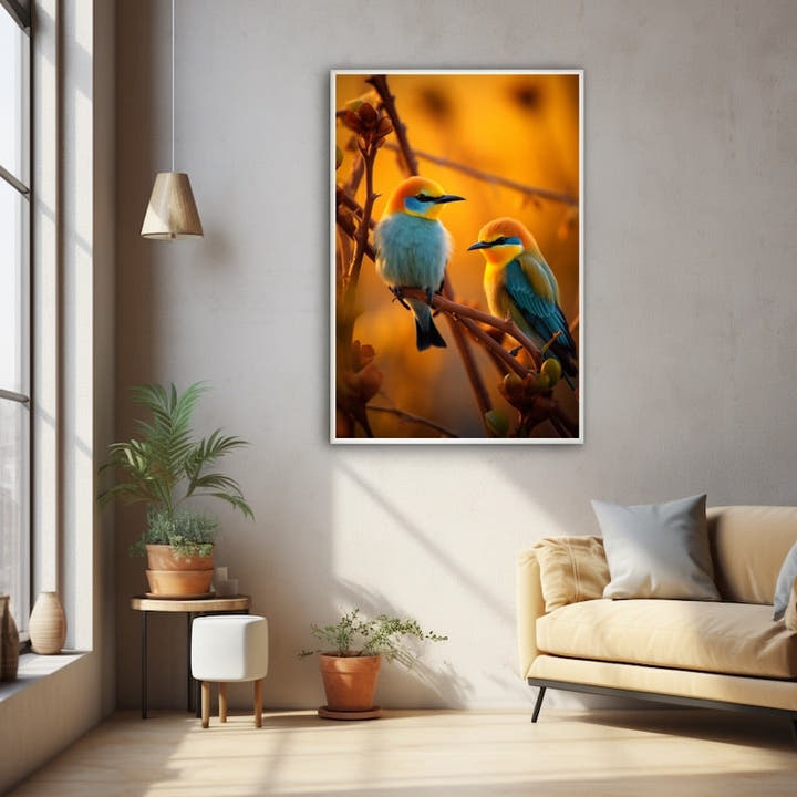 Two colourful bee-eater birds perched on a branch in warm light