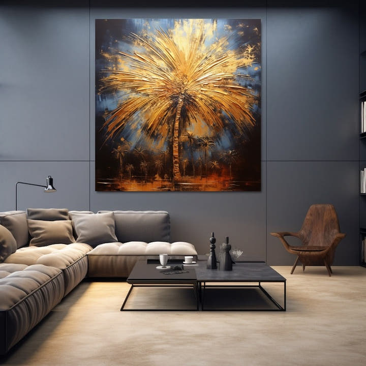 Golden palm tree painting on deep blue and bronze with a glowing grove below