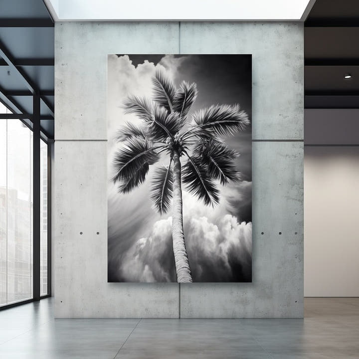Lone coconut palm in black and white shot upward against billowing clouds