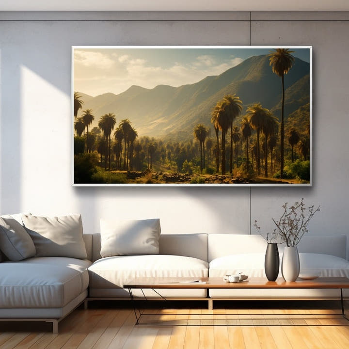 Golden valley painting with palm groves and misty mountains in dusk light