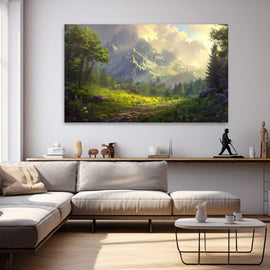 Alpine valley with snow-capped peaks and a meadow path under a glowing sky