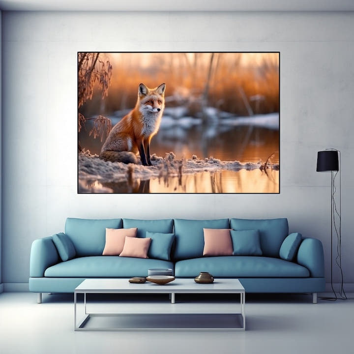 Red fox on a snowy riverbank beside a pond at dusk