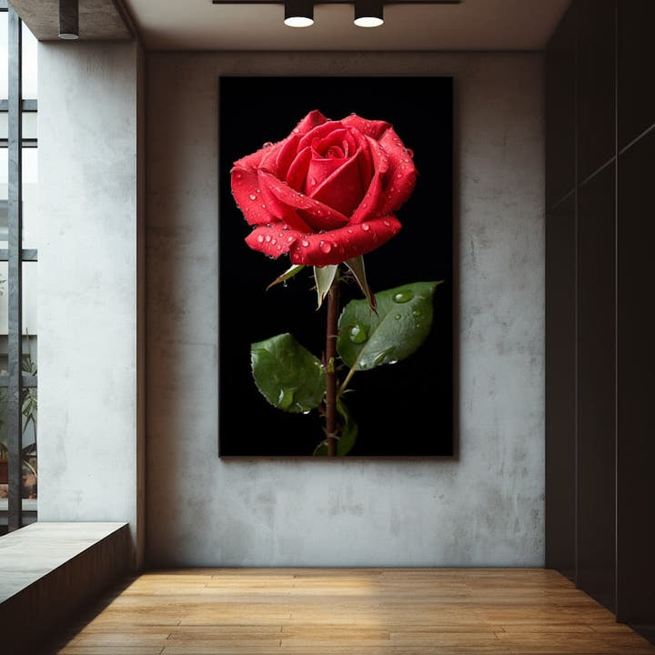 Crimson dew-covered rose on a black background
