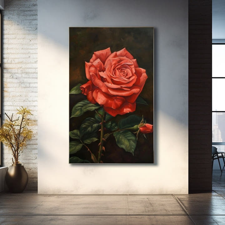 Coral rose on a dark background, dramatic acrylic painting