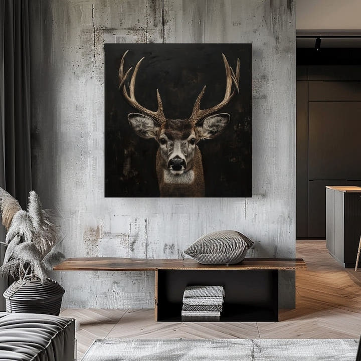Front-facing stag head portrait with spreading antlers on a dark black background