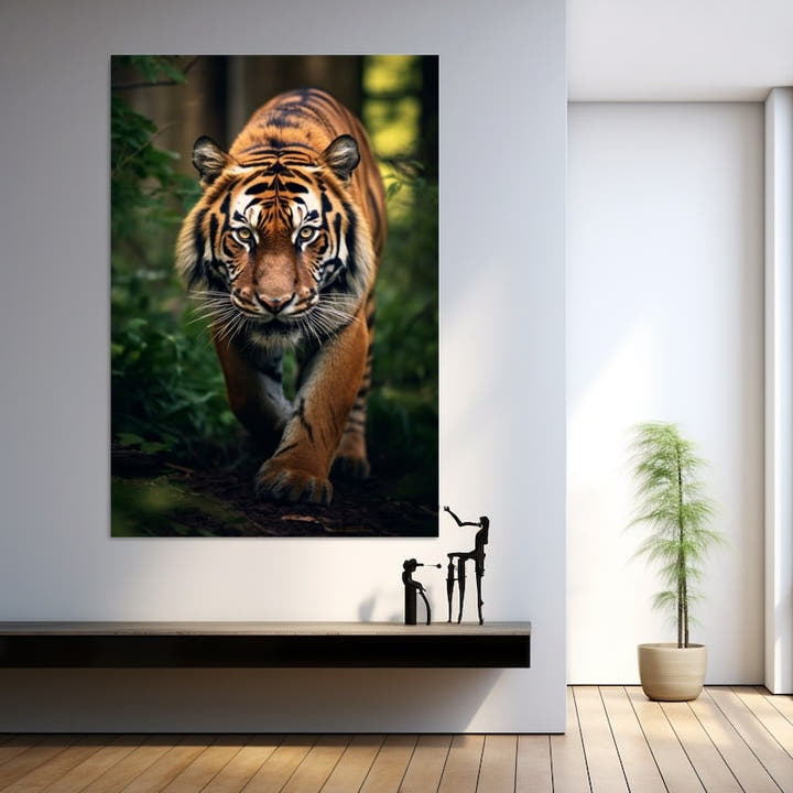 Tiger prowling towards viewer in a dark forest, portrait