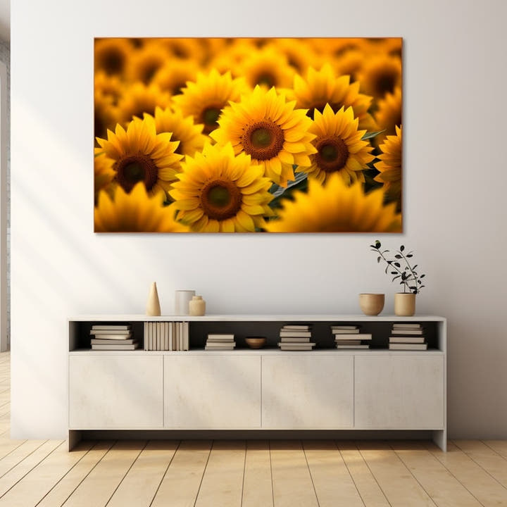 Painting of many golden sunflowers filling the frame edge to edge