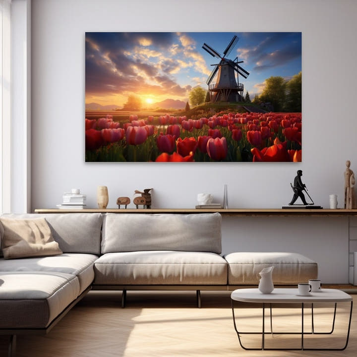 Painting of a windmill and field of red and pink tulips at sunset with golden sky