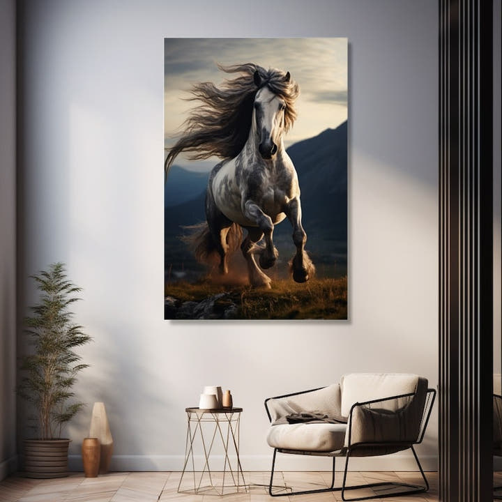 Dapple-grey horse galloping through highland country at golden dusk