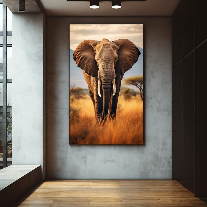Painting of an African elephant striding through golden savannah grass