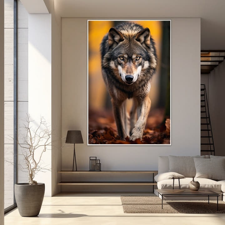 Wolf walking forward through autumn leaves in a forest