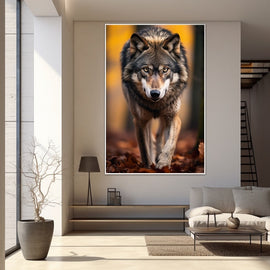 Wolf walking forward through autumn leaves in a forest