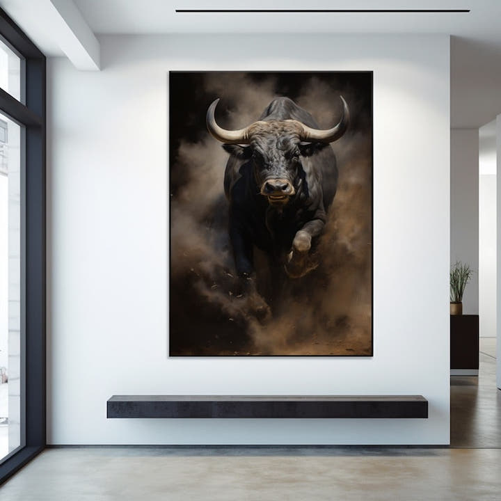 Painting of a black bull charging through dust with sweeping pale horns