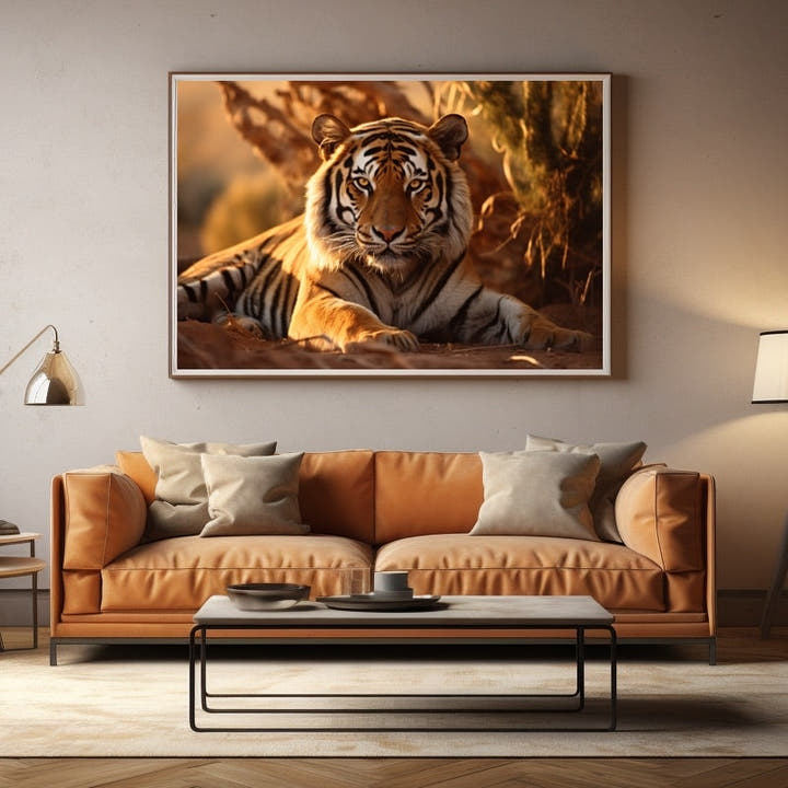 Painting of a tiger resting in warm golden-hour light