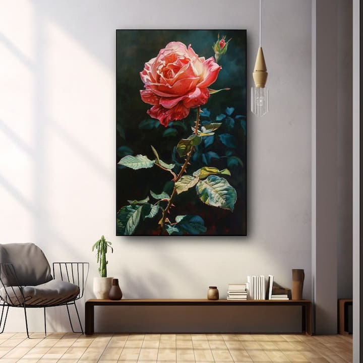 Coral rose with dew on a dark moody background